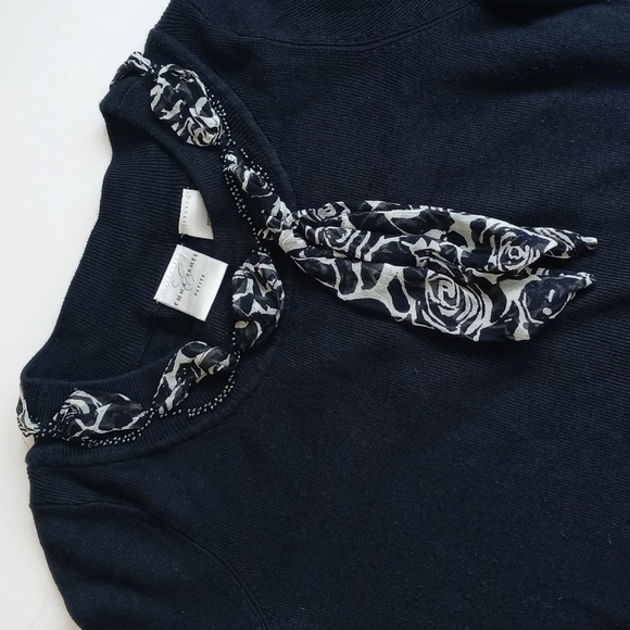 Emma James Nylon Rayon Deep Navy Blue Long Sleeve Sweater Silk Beaded Bow Trim S - Picture 2 of 10